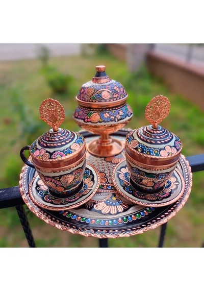 İkili Gül Çiçek Bakır Çay ve Nescafe Takımı