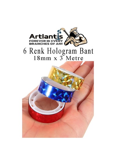 Renkli Hologram Bant 6 Renk 12 Adet 18mm X 3 Metre Yaldızlı Metalik Desenli Fosforlu Hologram Bant Hobi Tasarım 12 Adet