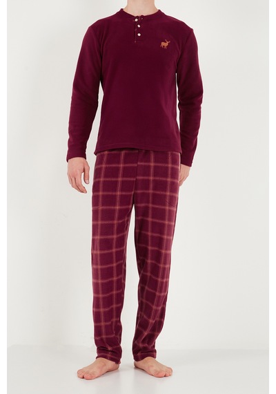 Buratti Ekoseli Düğmeli Bisiklet Yaka Yumuşak Polar Pijama Takımı Erkek Pijama Takımı 6097019 Bordo