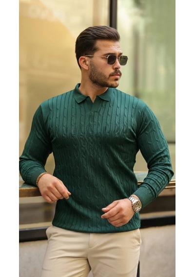 Valensdesign Erkek Saç Örgü Desen Uzun Kollu Triko A. Zümrüt Yeşili