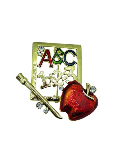 Öğretmen Temalı Abc 123 Kırmızı Elma Taşlı Broş Renkli Eğitim Sembollü Brooch Çok Renkli