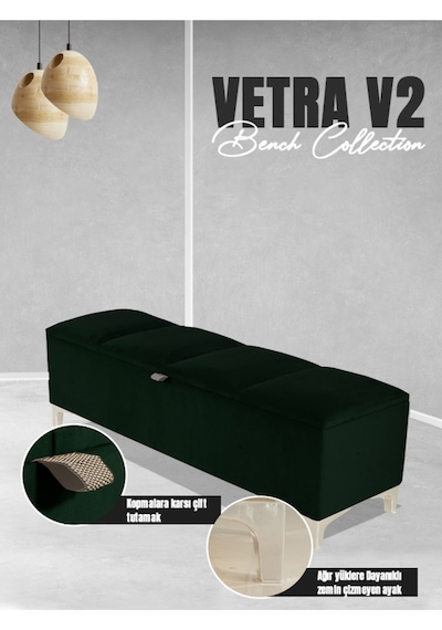 Vetra V2 Sandıklı Puf  Yeşil Dilimli Model Sandıklı Bench Puf - Sandıklı Yatak Ucu Bankı