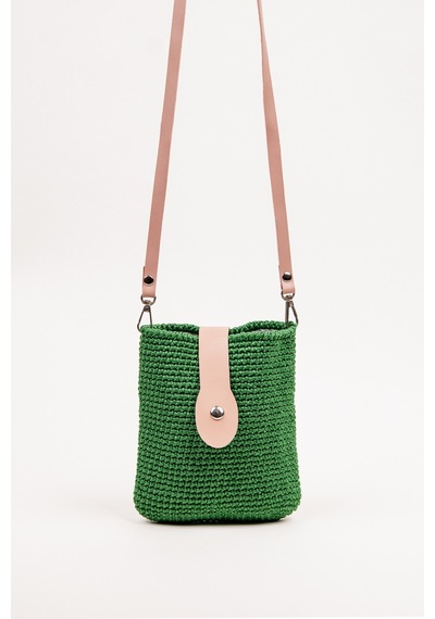 Fabric Craft Bag Çapraz Askılı Kadın Omuz Çantası Floş İplik Örgü Küçük Çanta Yeşil - Pembe