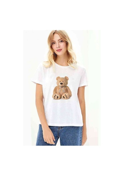 Polo Bear Baskılı Beyaz Kadın Tshirt