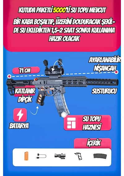 Mk6 Su Topu Atan Oyuncak Tüfek Gel Blaster 71 Cm Büyük Boy Hem Otomatik Hem Manuel Bej