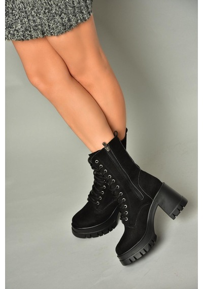 Fox Shoes T973559002 Siyah Süet Kalın Topuklu Kadın Postal Bot Siyah