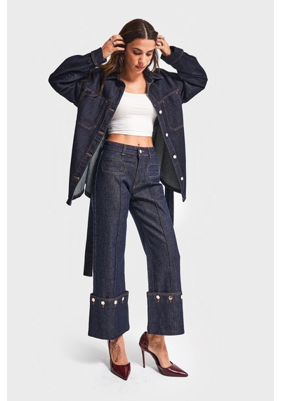 it's basic Kadın İndigo Renk 7w5-50 Crop Straight Fit Paça Detaylı Tasarım Denim Jean