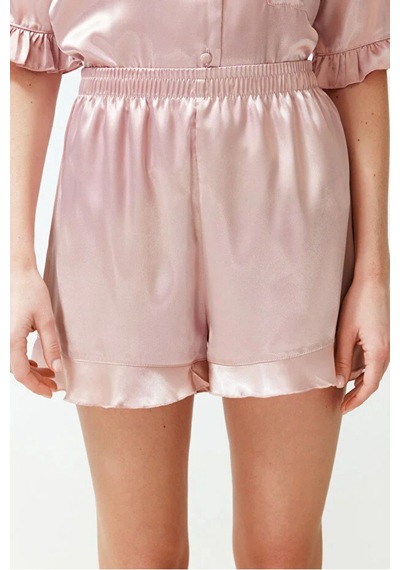 Pembe Fırfır Detaylı Saten Şortlu Dokuma Pijama Takımı