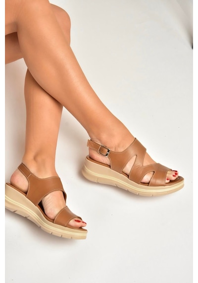Fox Shoes Y555210403 Taba Hakiki Deri Kadın Sandalet Taba