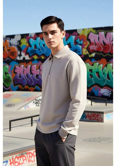 Benerly Erkek Gömlek Yaka Fermuarlı Uzun Kol Oversize Kalıp Sweatshirt Fo Gri