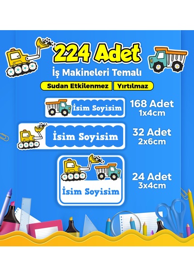 İş Makineleri Temalı Okul Kreş Kişiye Özel İsim Etiket Seti - Model 251 Çok Renkli