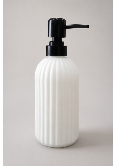 Vovy Çizgili Cam Sabunluk 500 Ml Siyah Pompalı Modern Sıvı Sabun Ve Deterjan Dispenseri - 18,5 Cm X 7 Cm Beyaz