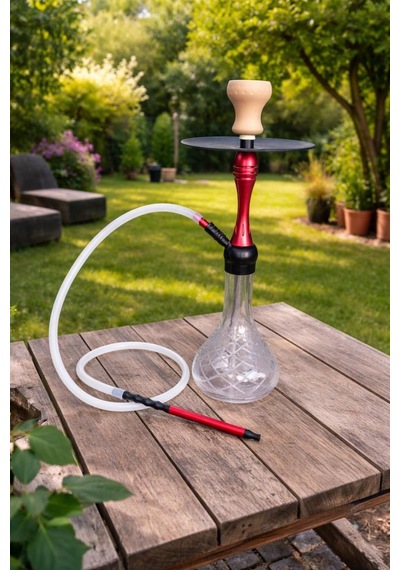 Nargile Takımı 60 Cm Büyük Boy Cam Şişe 17 Cm Çap Modern Kırmızı Gövde Bahçe & Balkon Kullanımına Uygun Şık Nargile