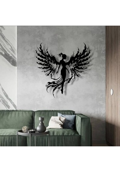 Alev Kanatlı Melek Metal Duvar Dekoru Gücün Ve Zarafetin Sanatsal Yorumu - Renk Variant Property : 000-siyah, Ebatlar Variant Property : 80 X 80