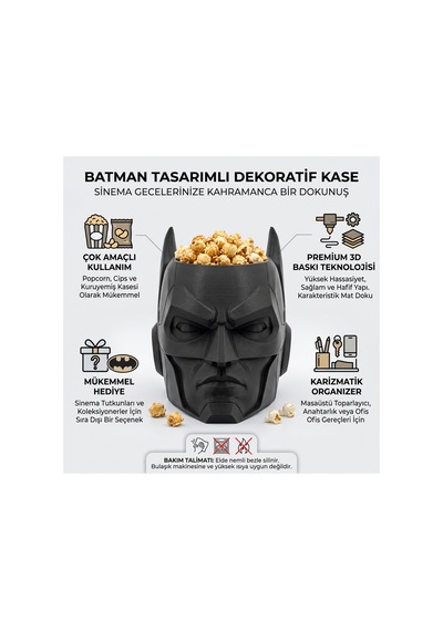 Batman Tasarımlı 3d Baskı Siyah Patlamış Mısır Kasesi Dekoratif Çerezlik