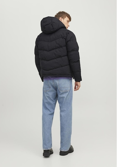 Jack & Jones Logo Baskılı Kapüşonlu Puffer Mont - Vesterbro 12238849 Siyah Koyu Siyah
