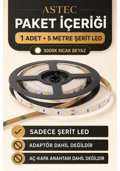 Astec 12v Şerit Led 5 Metre / 10 Metre Yapışkanlı Kesilebilir İç Mekân Aydınlatma Trafo Hariç Bütün Renkler