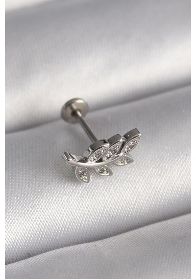 316l Çelik Gümüş Renk Dal Model Zirkon Taş Detaylı Tragus Piercing 5886 Çok Renkli