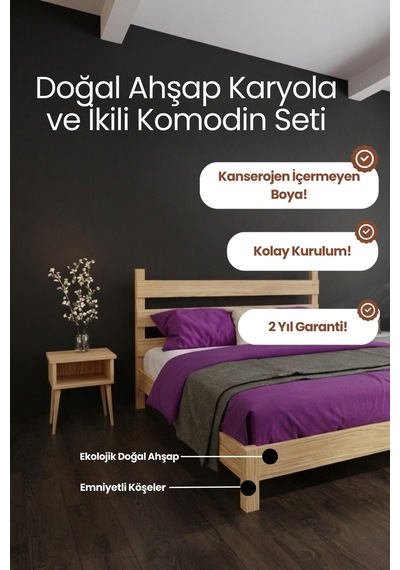 Natura Masif Ahşap Karyola Ve 2 Adet Komodin Vernik 90x200