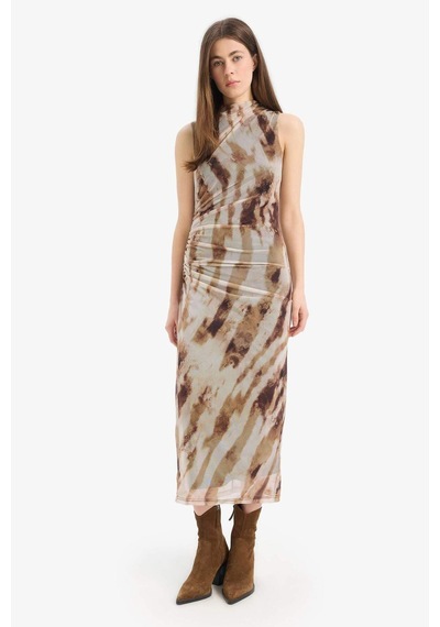 DeFacto Bodycon Vücudu Saran Batik Tül Kolsuz Maxi Elbise E8340AX25SPBN226