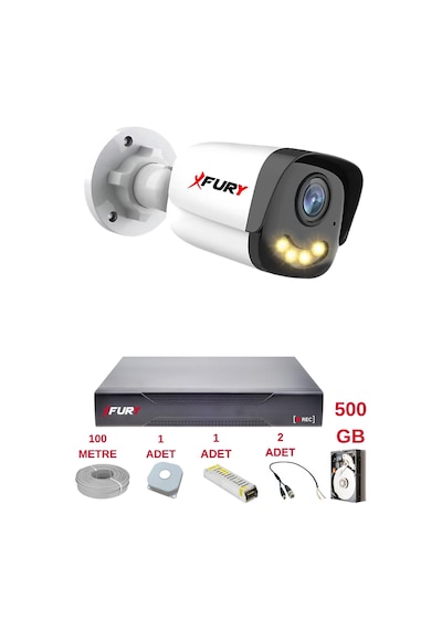 Fury 1 Kameralı 4 Warm Led Gece Renkli Görüş-cepten İzle-su Geçirmez Güvenlik Kamerası Seti 500gb