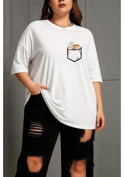 Büyük Beden Cep Çiçek Baskılı Unisex Tişört Beyaz