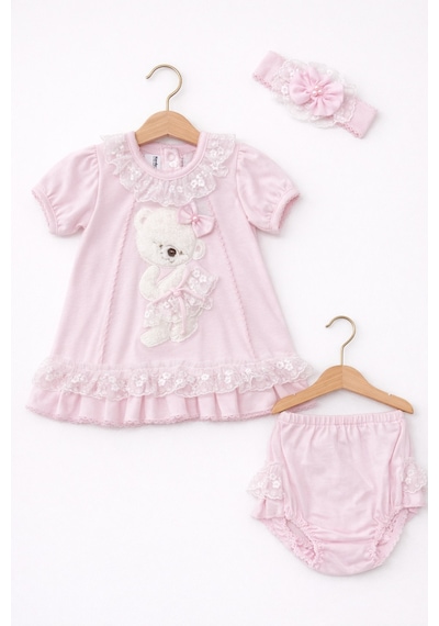 Kardeşler Bebe Dantelli Ayıcıklı Kız Bebek Elbise Takım Saç Bantlı 3 Lü Set Pembe