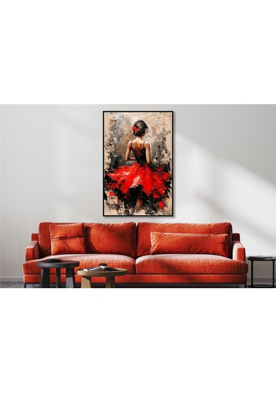 Yağlı Boya Dokulu Tablo Modern Kırmızı Elbiseli Sırtı Dönük Kadın Siyah Çerçeveli U05008-178960
