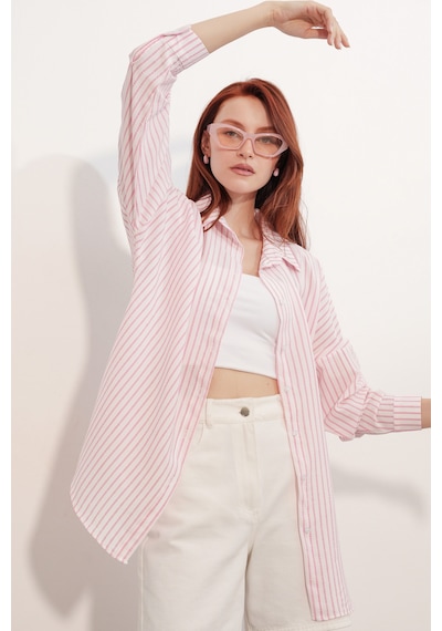 Bigdart Kadın Oversize Çizgili Gömlek 20412 - Pembe