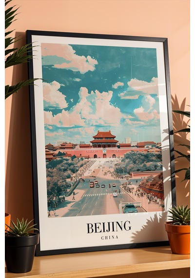 Beijing China Vintage Seyahat Posteri Çerçeveli Tablo - Premium Çin Mimarisi Elit Duvar Dekoru Siyah