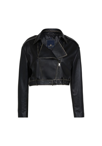 Dericlub Wm022 Gerçek Deri Cropcut Biker Kadın Deri Siyah - Beyaz