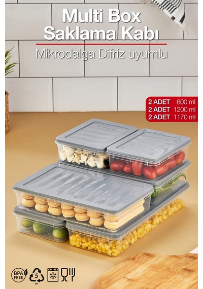 Multi Box 6 Parça 3 Farklı Boy Saklama Kabı Seti - Dondurucu & Mikrodalga Uyumlu Gri