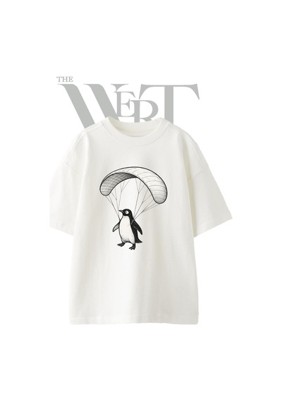 Thewert Penguin Parachute Tasarım Baskılı Ünisex Beyaz Oversize T-shirt