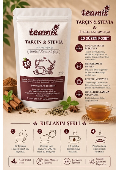 Tarçın Stevia Bitkisel Karışımlı Çay 20 Süzen Doypack Ambalaj