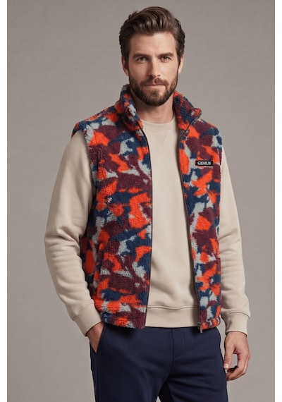Genius Store Erkek Yelek İçi Şardonlu Sherpa Peluş Yelek Tam Fermuarlı Cepli Kuzu Outdoor Yelek Kırmızı