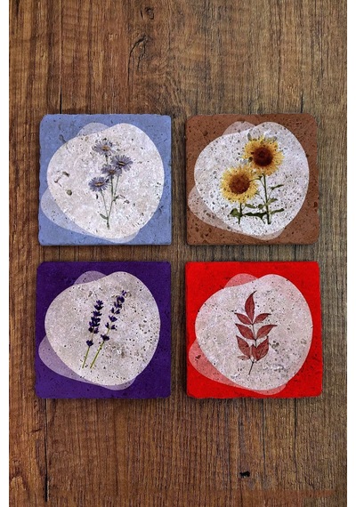 Doğal Taş Bardak Altlığı 4'lü Set -çiçek Desenli Bardak Altlığı - Stone Coasters Çok Renkli