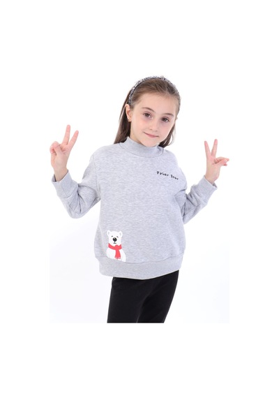 Toontoy Kız Çocuk Baskılı Relax Fit Dik Yaka Düşük Omuz Sweatshirt - Sol Omuz Çıtçıtlı Gri
