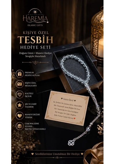 Özel Kutulu Cam Tesbih 33 Lük Kişiye Özel Notlu Hediyelik Şefaf Yeşil