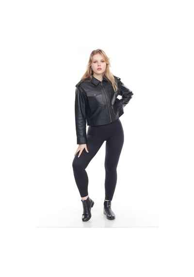 M M Marki Marki Kadın Hakiki Deri Ceket, Gömlek Yaka, Fit Kesim, Crop Model, 1. Sınıf Kalite - 109822 Siyah