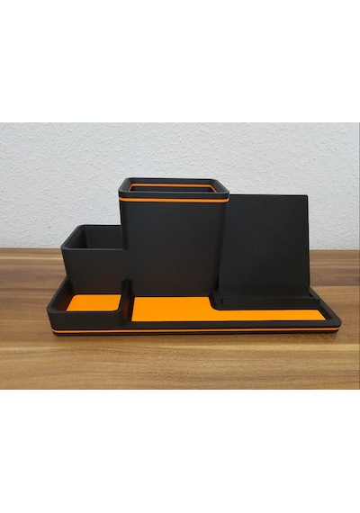 Modern Telefon Standlı Masaüstü Organizer - 3d Baskı Mat Siyah Turuncu Ofis Kalemlik Ve Düzenleyici