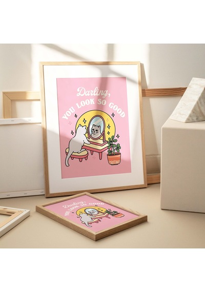 Kız Kedi Kendini Sevme Duvar Baskısı, Pozitiflik Sevgilim Çok İyi Görünüyorsun Alıntısı, Pembe Posterler