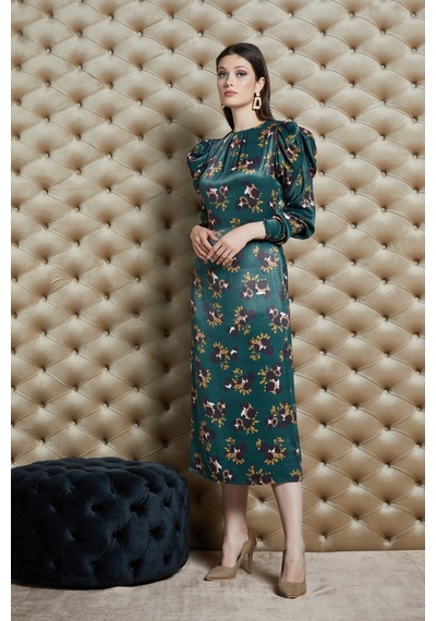 Serpil Exclusive Emprime Desenli Saten Dokulu Midi Elbise Şık Ve Modern Stil Yeşil