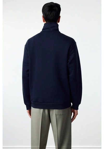 Benerly Erkek Fermuarlı Dik Yaka Düşük Kol Nakışlı Sweatshirt Fonksiyonel Lacivert