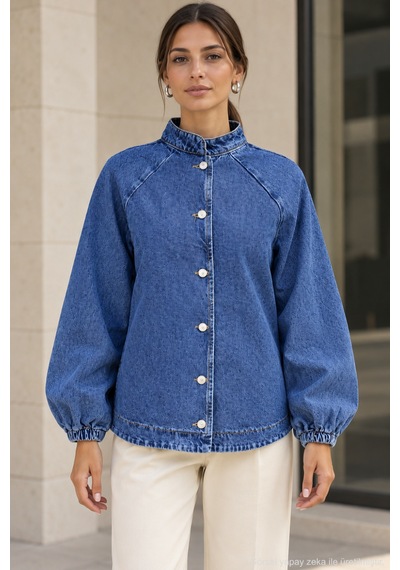 Polo State Kadın Hakim Yaka Raglan Kollu Düğmeli Denim Ceket - Mavi