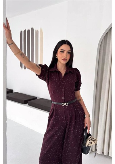Neşeli Butik Kadın Bordo Kemer Detaylı Tam Boy Taşlı Gömlek Yaka Tulum Nbk4592