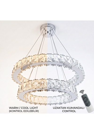 Ala Lighting Plaket Kristal Taş İşlemeli Krom Paslanmaz 2 Halka Led Avize Kumandalı Modern Sarkıt Avize Krom Ayna Ayna Krom