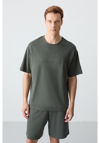 Haki Pamuklu Kalın Yumuşak Dokulu Oversize Fit Basic Erkek Şort Takım - 85257