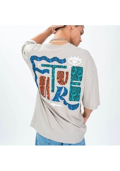 Flood Of Style Erkek Taş Future Baskılı Oversize Bisiklet Yaka Tshirt Gri