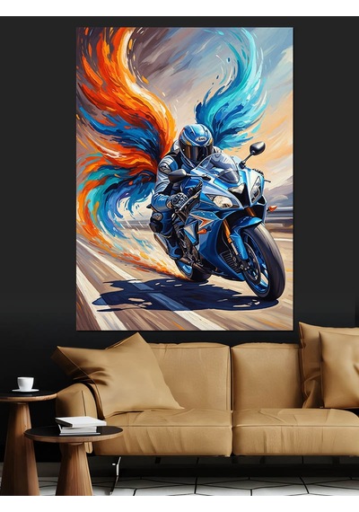 Ahşap Tablo Motosikletli Alevli Savaşçı Çizimi