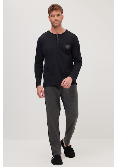 Tudors Erkek Standart Fit Normal Kesim %100 Pamuk Bisiklet Yaka Beli Lastikli Antrasit Pijama Takımı-37943 Antrasit